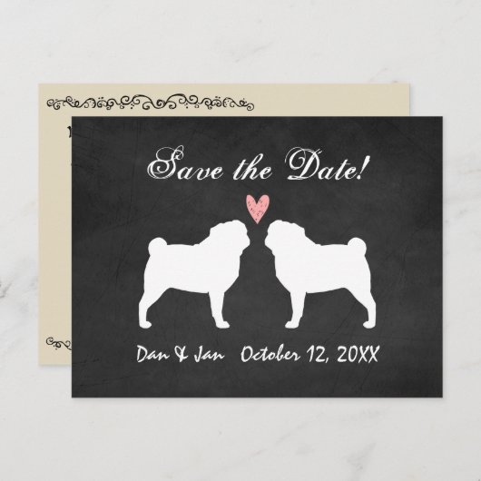Pugs Bruiloft Bewaar de Datum Aankondigingskaart (Voorkant / Achterkant)