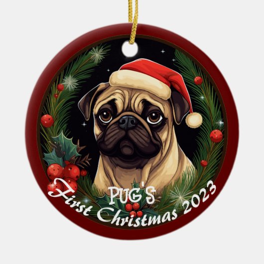 Pug's eerste Kerstmis Keramisch Ornament (Voorkant)