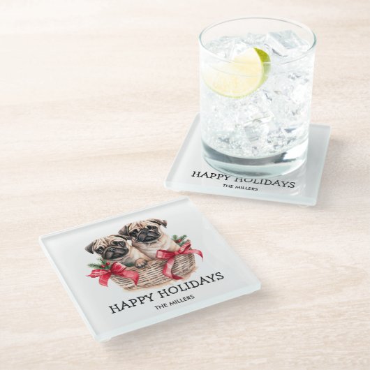 PUGS EN KISSES HOND-THEMA KERST CUSTOM GLAZEN ONDERZETTER (Schuin)