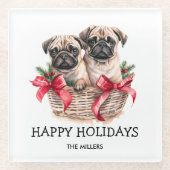 PUGS EN KISSES HOND-THEMA KERST CUSTOM GLAZEN ONDERZETTER (Voorkant)