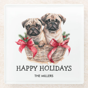 PUGS EN KISSES HOND-THEMA KERST CUSTOM GLAZEN ONDERZETTER