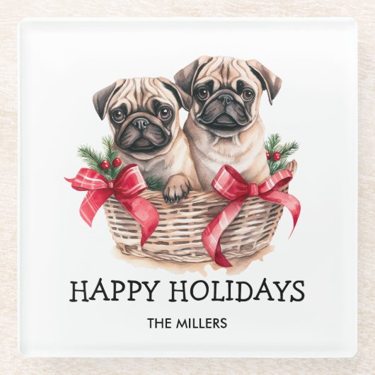 PUGS EN KISSES HOND-THEMA KERST CUSTOM GLAZEN ONDERZETTER (Voorkant)
