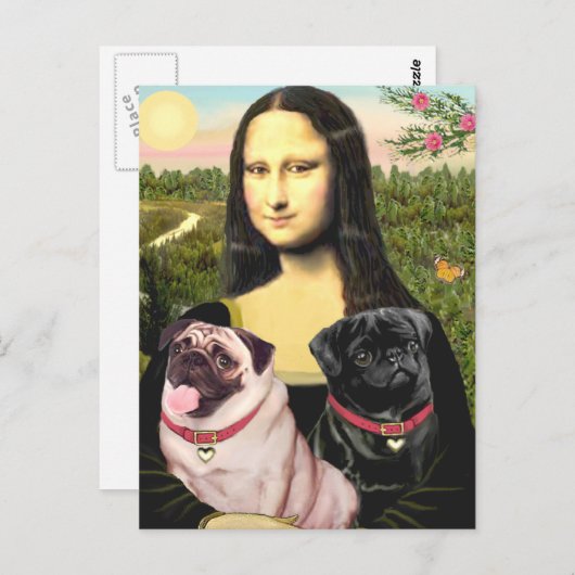Pugs (Fawn + Blk) - Mona Lisa Briefkaart (Voorkant / Achterkant)