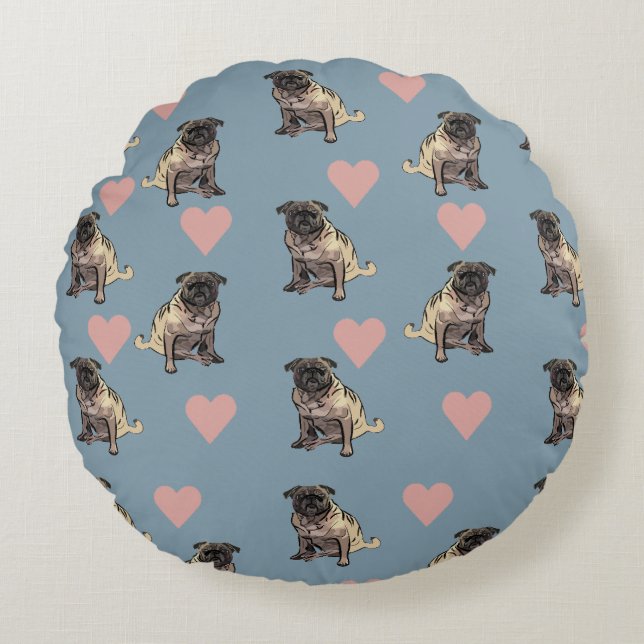 Pugs & hearts rond kussen (Voorkant)