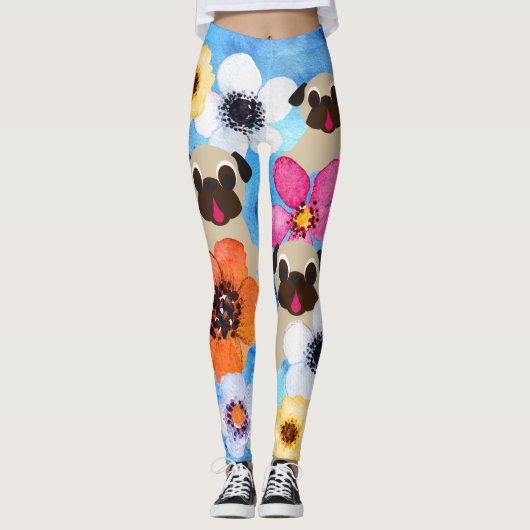 Pugs in de bloementeelt leggings (Voorkant)
