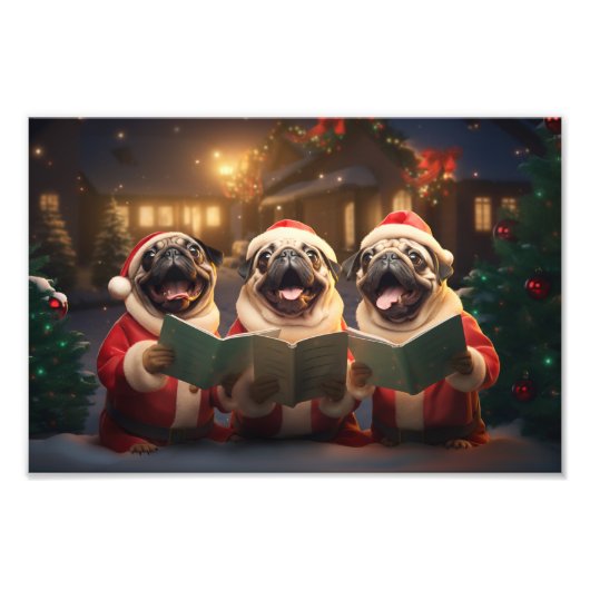 Pugs Kerst Caroling Feestelijke Vakantie Foto Afdruk (Voorkant)