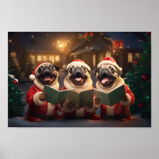 Pugs Kerst Caroling Feestelijke Vakantie Poster (Voorkant)