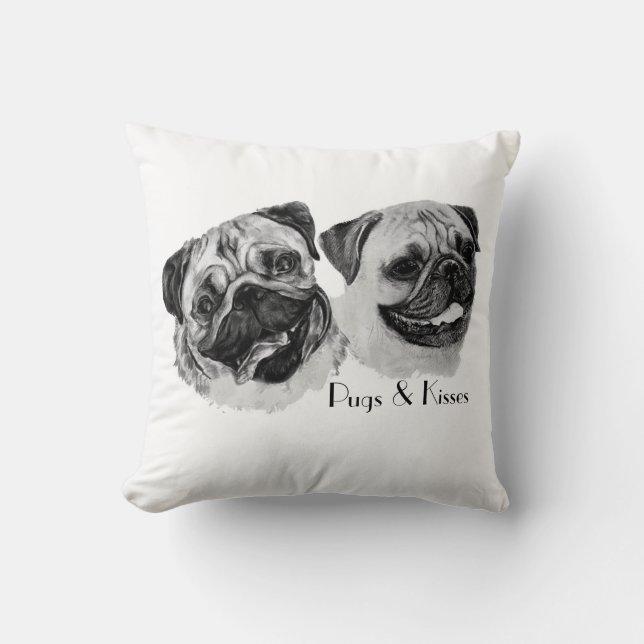 "Pugs & Kisses" Drijg kussen. Kussen (Voorkant)