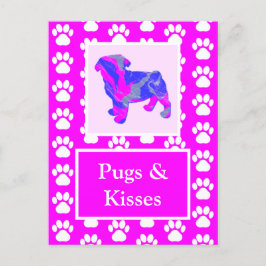 Pugs & Kisses Silhouette in Cute Pink & Blue Briefkaart