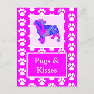 Pugs & Kisses Silhouette in Cute Pink & Blue Briefkaart