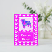 Pugs & Kisses Silhouette in Cute Pink & Blue Briefkaart (Staand voorkant)