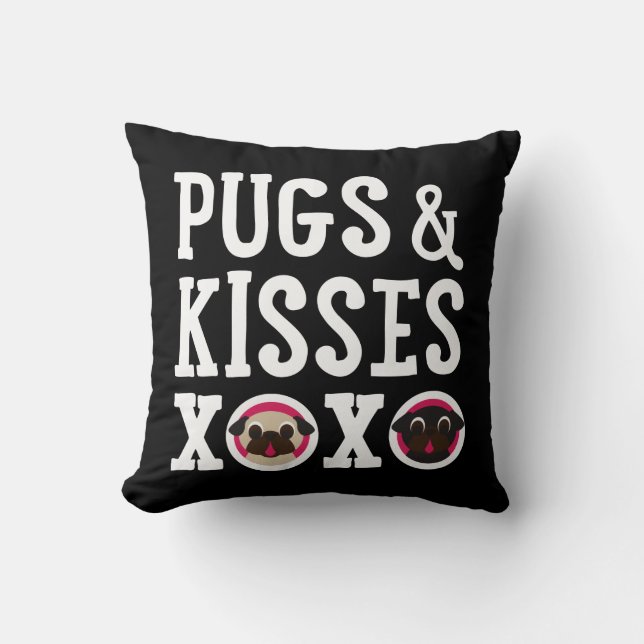 Pugs & Kisses XOXO Black Square Pug Pillow Kussen (Voorkant)