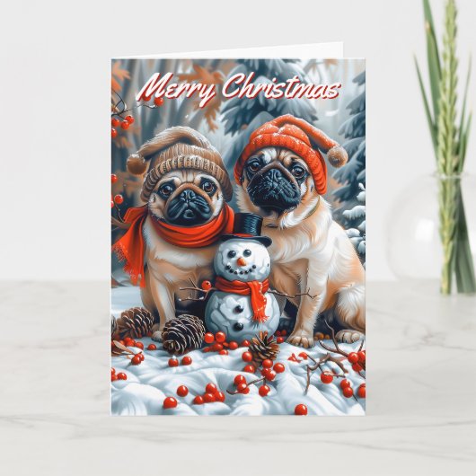 Pugs met sneeuwman Kerstmis Kaart (Voorkant)