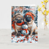 Pugs met sneeuwman Kerstmis Kaart (Gele Bloem)