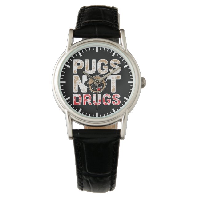 Pugs Not Drugs - Leuke, Grappige, Nieuwigheid Hond Horloge (Voorkant)