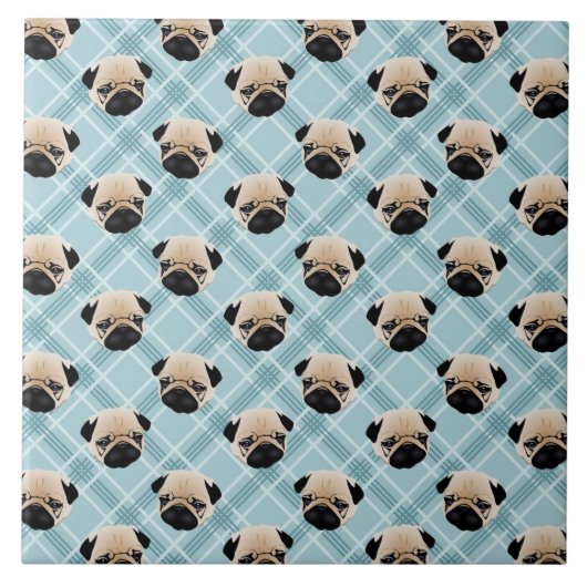 Pugs op blauwe schaal tegeltje (Voorkant)