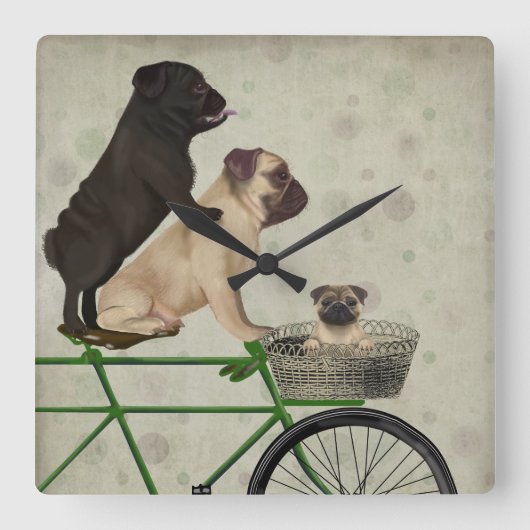 Pugs op fiets vierkante klok (Voorkant)