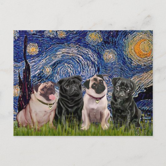 Pugs (Vier,2B,2F) - Sterrennacht Briefkaart (Voorkant)