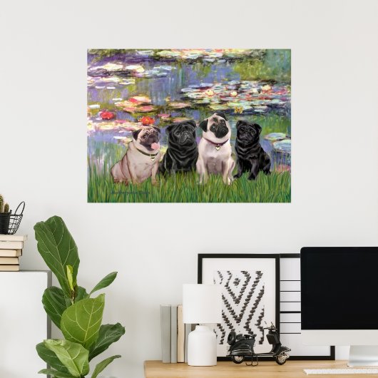 Pugs (Vier) - Lilies2 Poster (Thuiskantoor)