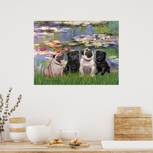 Pugs (Vier) - Lilies2 Poster (Keuken)