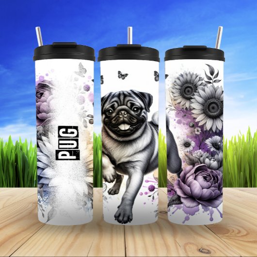 Pug's Whimsical Floral Frolic Thermosbeker