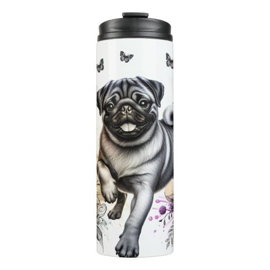 Pug's Whimsical Floral Frolic Thermosbeker (Voorkant)