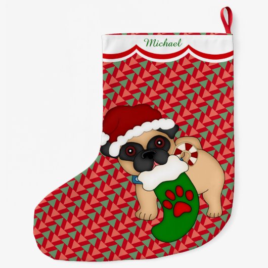 Pugypatroon gepersonaliseerd grote kerstsok (Achterkant)