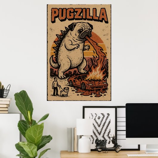 Pugzilla Poster – Cute Pug Monster Illustration (Thuiskantoor)