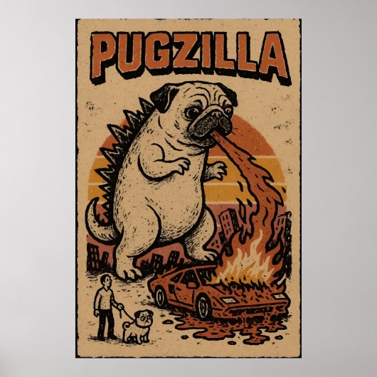 Pugzilla Poster – Cute Pug Monster Illustration (Voorkant)