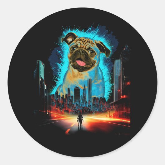 Pugzilla Pug voor Hondenliefhebbers naar Halloween Ronde Sticker (Voorkant)