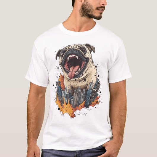 Pugzilla valt aan � Grappige monsterhond T-shirt (Voorkant)