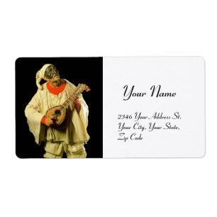 PULCINELLA MET MANDOLIN zwart wit Etiket