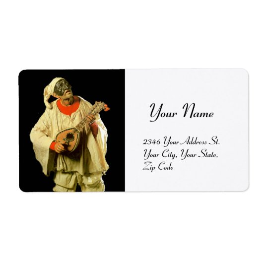 PULCINELLA MET MANDOLIN zwart wit Etiket (Voorkant)