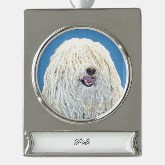 Puli-schilderingen - Cute Original Dog Art Silver  Verzilverd Banner Ornament (Voorkant)