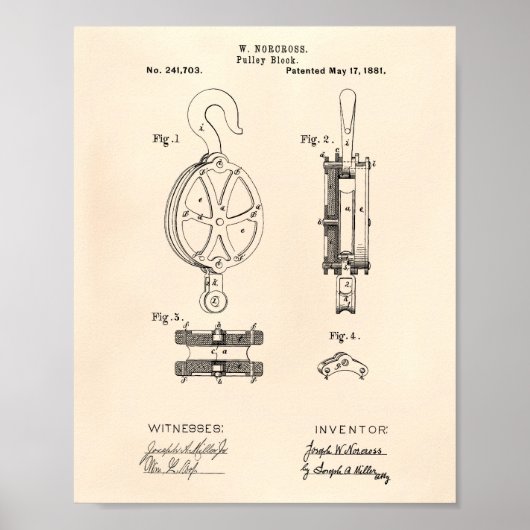 Pulley Block 1881 Patent Art Old Peper Poster (Voorkant)