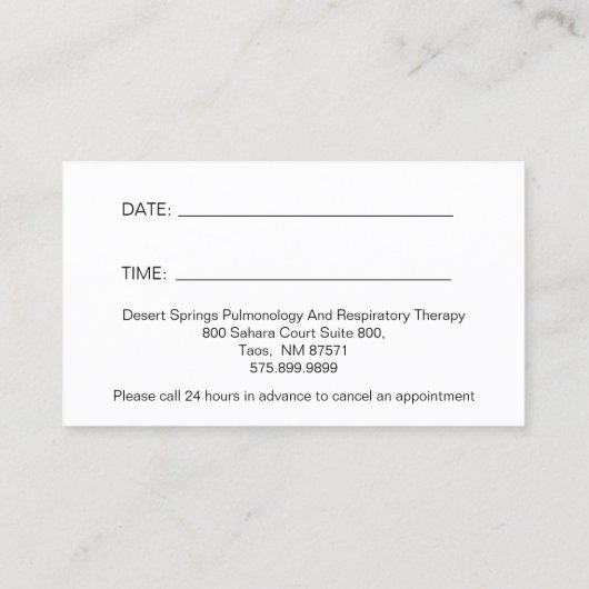 Pulmonoloog Bedrijf en Benoeming Visitekaartje (Achterkant)