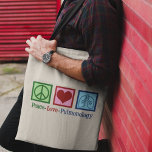 Pulmonoloog Peace Love Pulmonology Tote Bag<br><div class="desc">Peace Love Pulmonology. Een coole pulmonoloog canvas tas voor een longarts of verpleegkundige met een vredesteken,  hart en longen. Een groot geschenk voor een longspecialist die zich bezighoudt met astma en andere ademhalingsproblemen.</div>