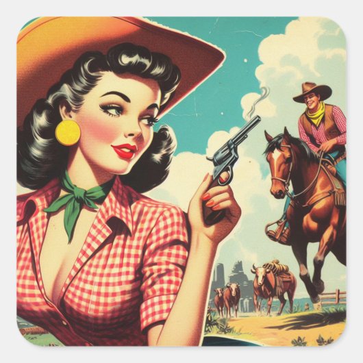  Pulp Cowgirl Illustratie Vierkante Sticker (Voorkant)