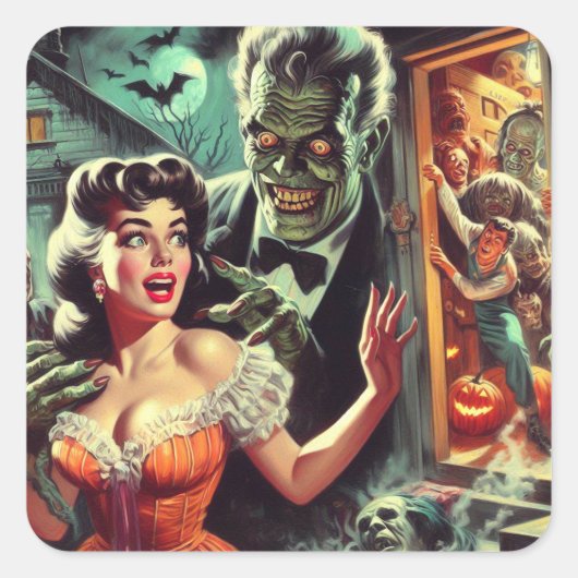  pulp horror meisje illustratie vierkante sticker (Voorkant)