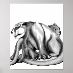 Puma-familie zwarte en witte lijntekentekening poster
