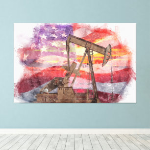 Pumpjack silhouet pastel tekening Amerikaanse vlag Canvas Afdruk