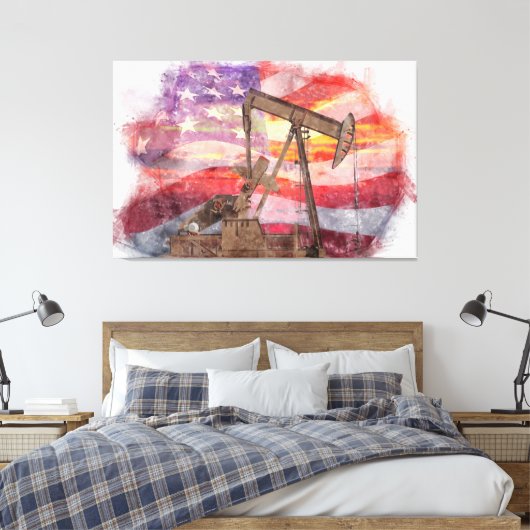 Pumpjack silhouet pastel tekening Amerikaanse vlag Canvas Afdruk (Insitu (Slaapkamer))