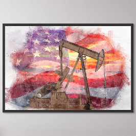 Pumpjack silhouet pastel tekening Amerikaanse vlag Foto Afdruk