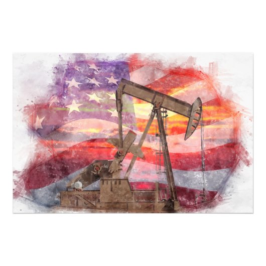 Pumpjack silhouet pastel tekening Amerikaanse vlag Foto Afdruk (Voorkant)
