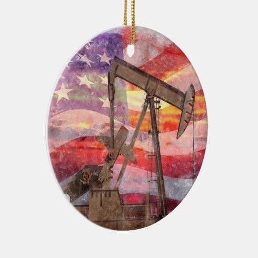 Pumpjack silhouet pastel tekening Amerikaanse vlag Keramisch Ornament (Rechts)