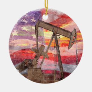 Pumpjack silhouet pastel tekening Amerikaanse vlag Keramisch Ornament
