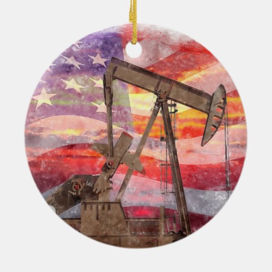 Pumpjack silhouet pastel tekening Amerikaanse vlag Keramisch Ornament (Achterkant)