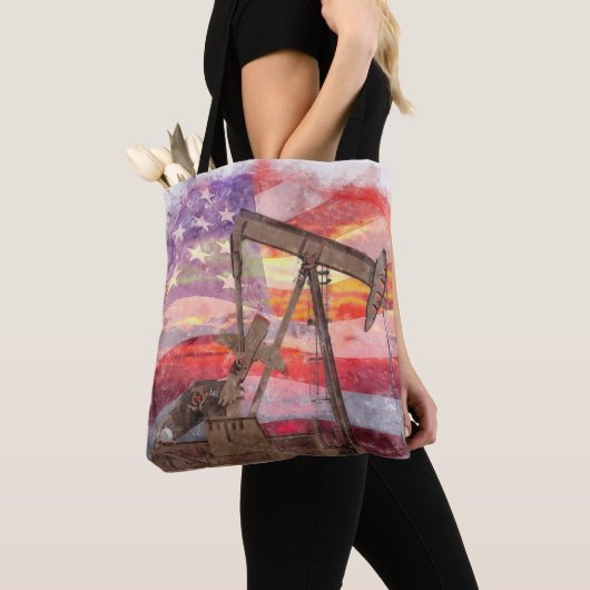Pumpjack silhouet pastel tekening Amerikaanse vlag Tote Bag (Dichtbij)
