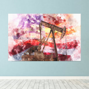Pumpjack silhouet waterverf met American Flag Canvas Afdruk