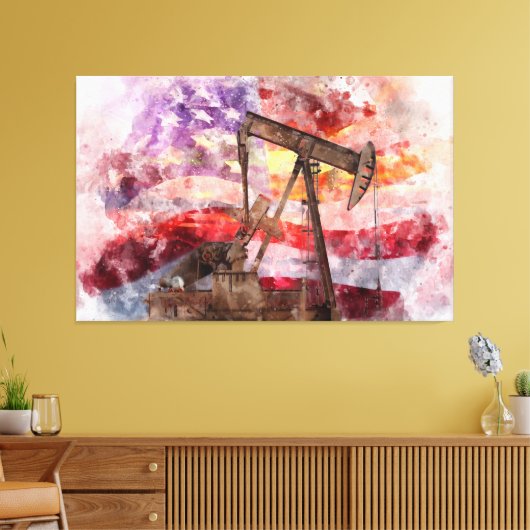 Pumpjack silhouet waterverf met American Flag Canvas Afdruk (Insitu (Woonkamer))